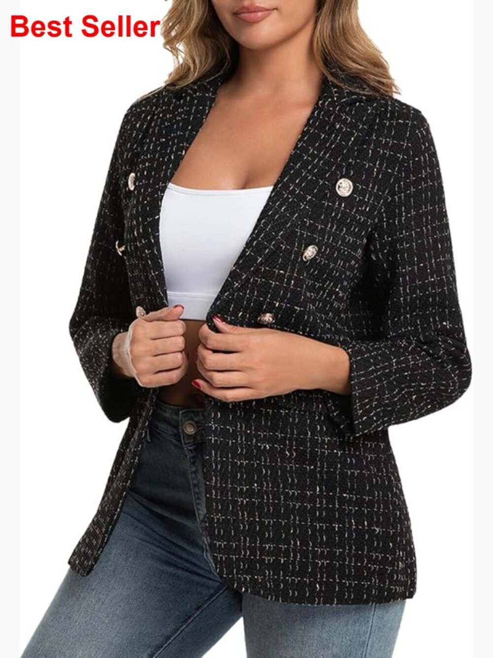 Tweed Plaid Linen Blazer Jacket Business Casual